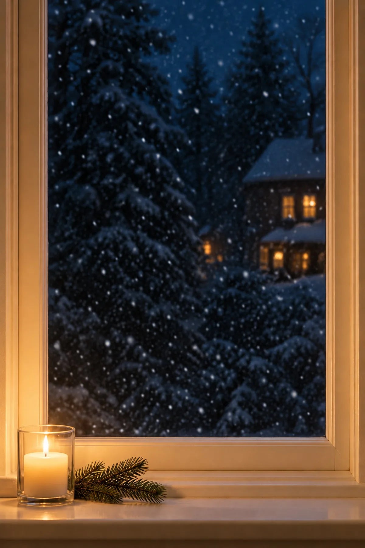 The same tall window at night before the clings go on: plain dark glass and a candle on the sill