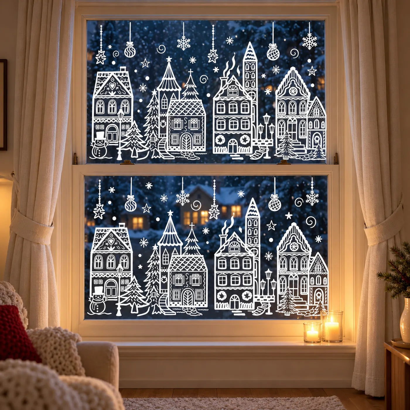 Two Jolly Window sets on a whole sash window at evening: eight white line-art houses, one set in each sash
