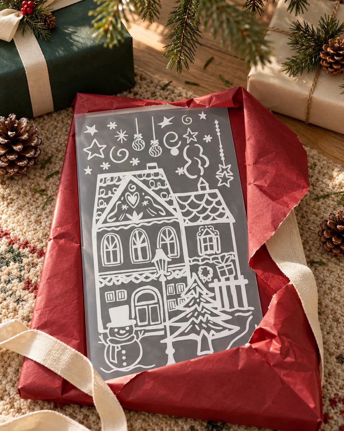 A slim present in cranberry paper under the tree, unwrapped to show a Jolly Window sheet