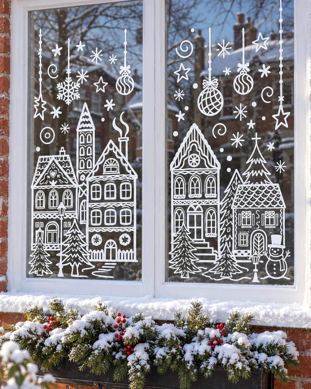 From the street in daylight: the white line-art village on a red-brick cottage's two-pane window, mirrored, readable from outside