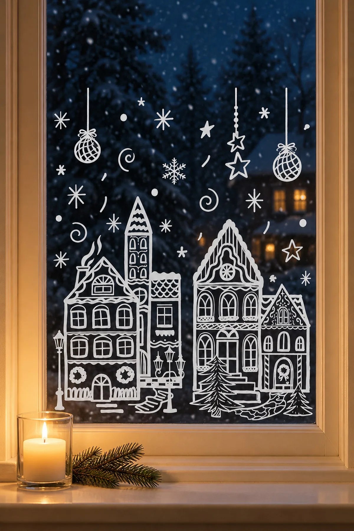 
Inside after dark: two white line-art houses, baubles and stars on a tall window, a candle on the sill