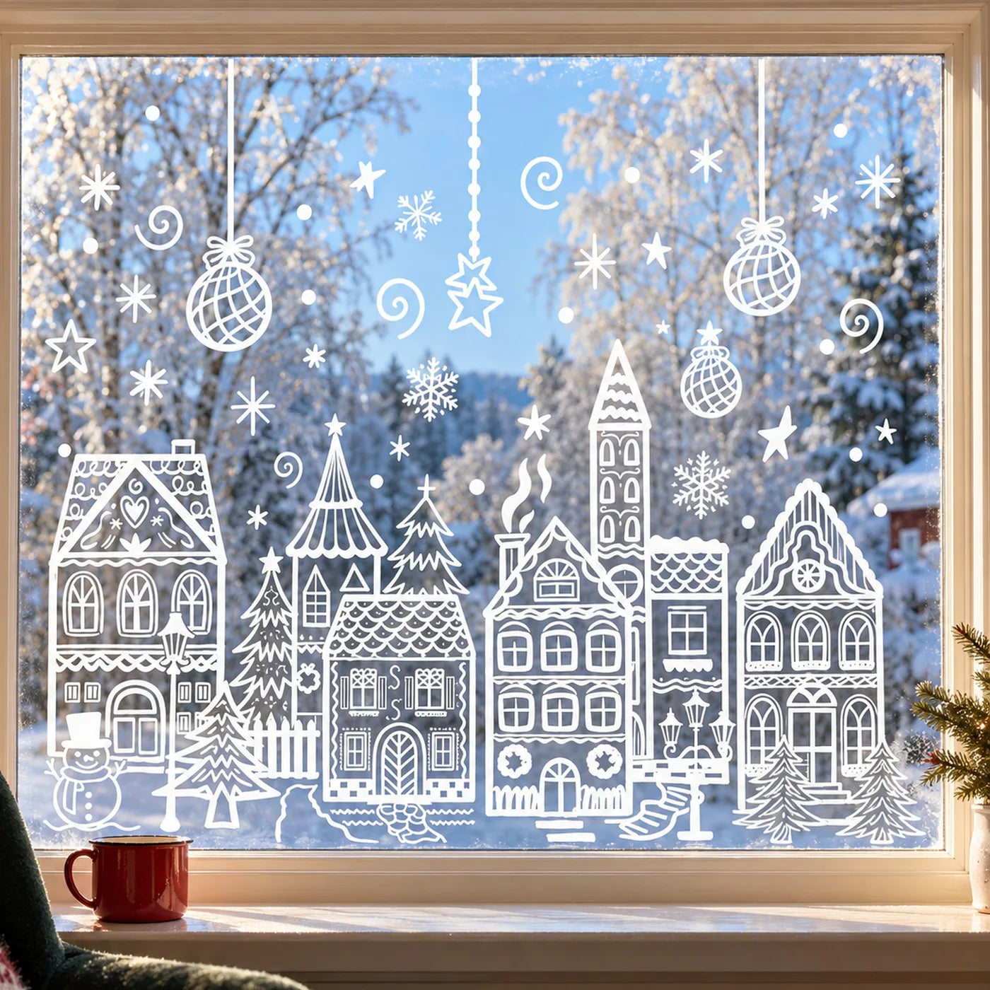 
The white line-art village on a wide window on a snowy morning, seen from inside