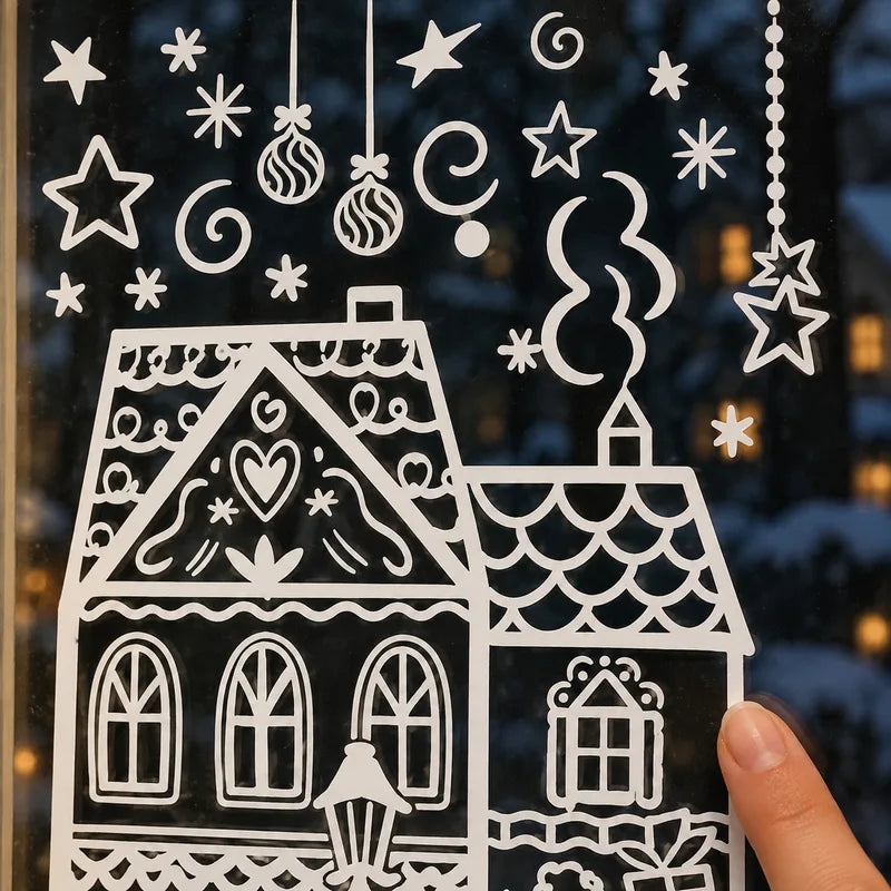
Close-up of the heart-gable house in matte white line art on a dark window at night