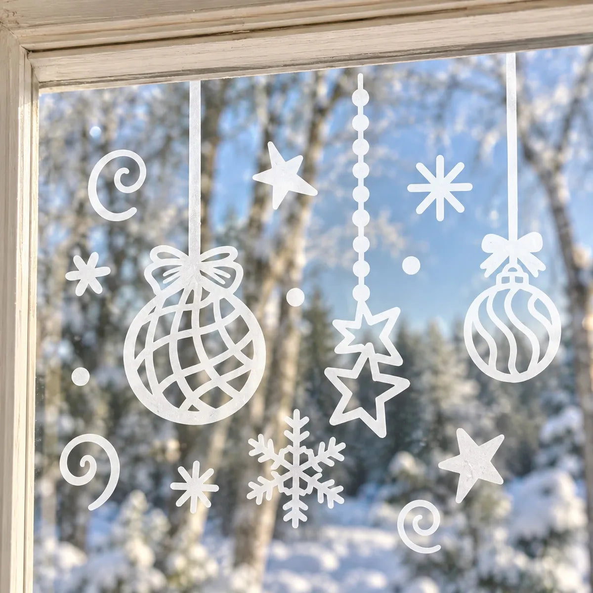 
White line-art baubles, a beaded star line and snowflakes on a window on a snowy morning