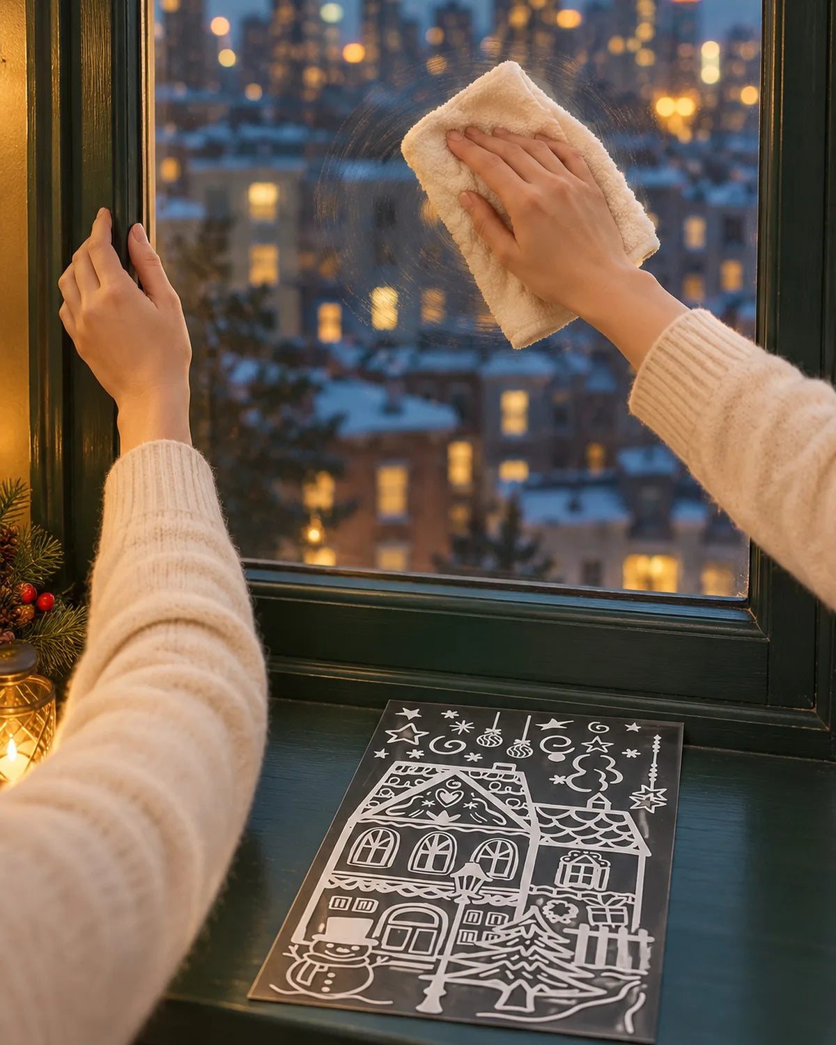 
Hands wiping a window clean with a soft cloth, a Jolly Window sheet waiting on the sill