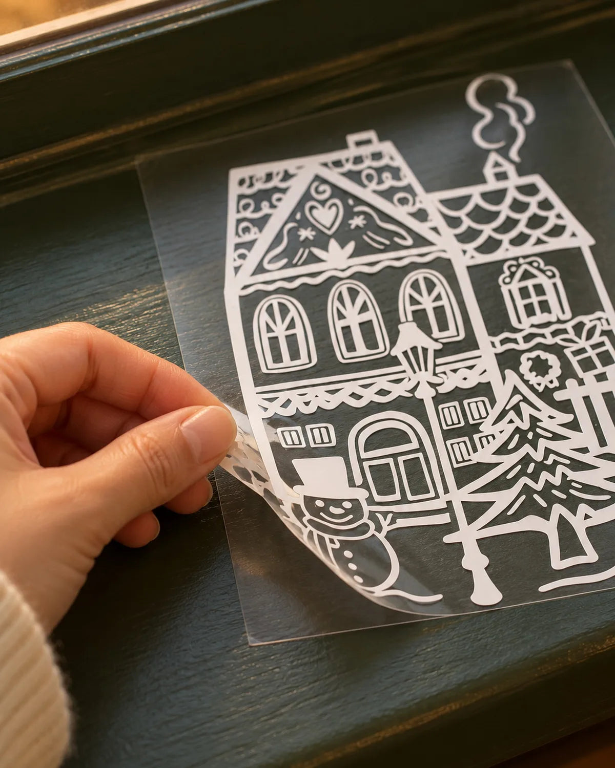 
Hands peeling the heart-gable house off its backing from one corner