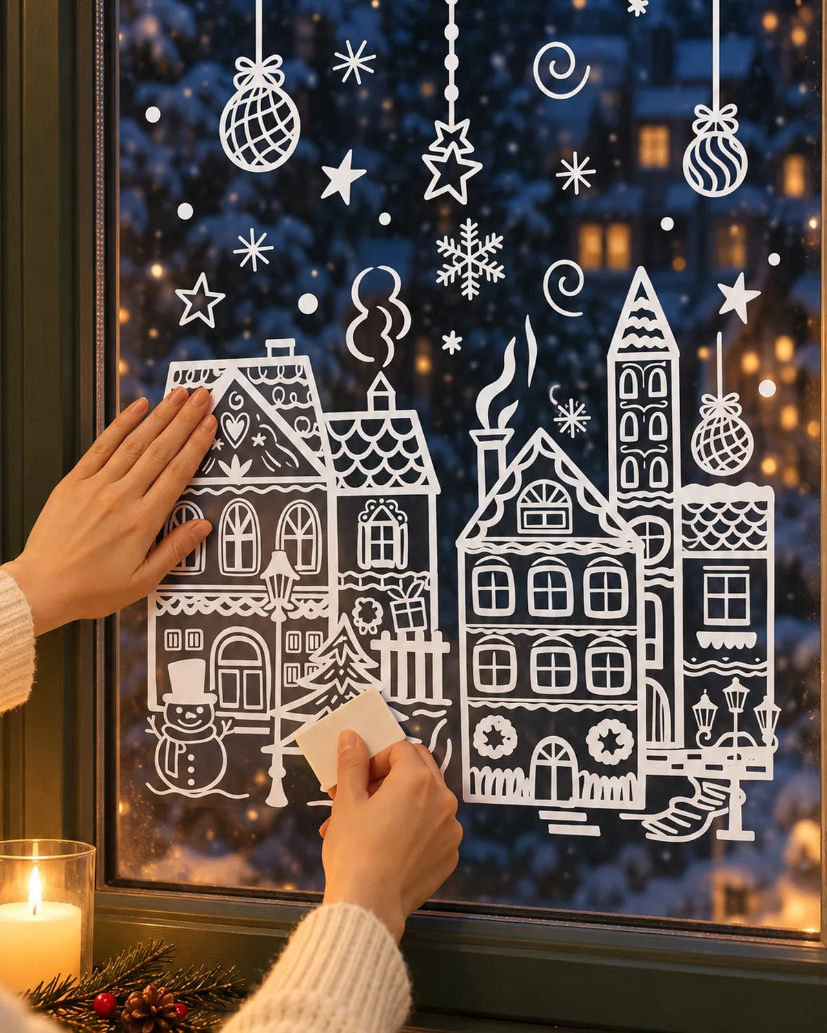 
Hands pressing a white line-art house onto a window and smoothing it with a card