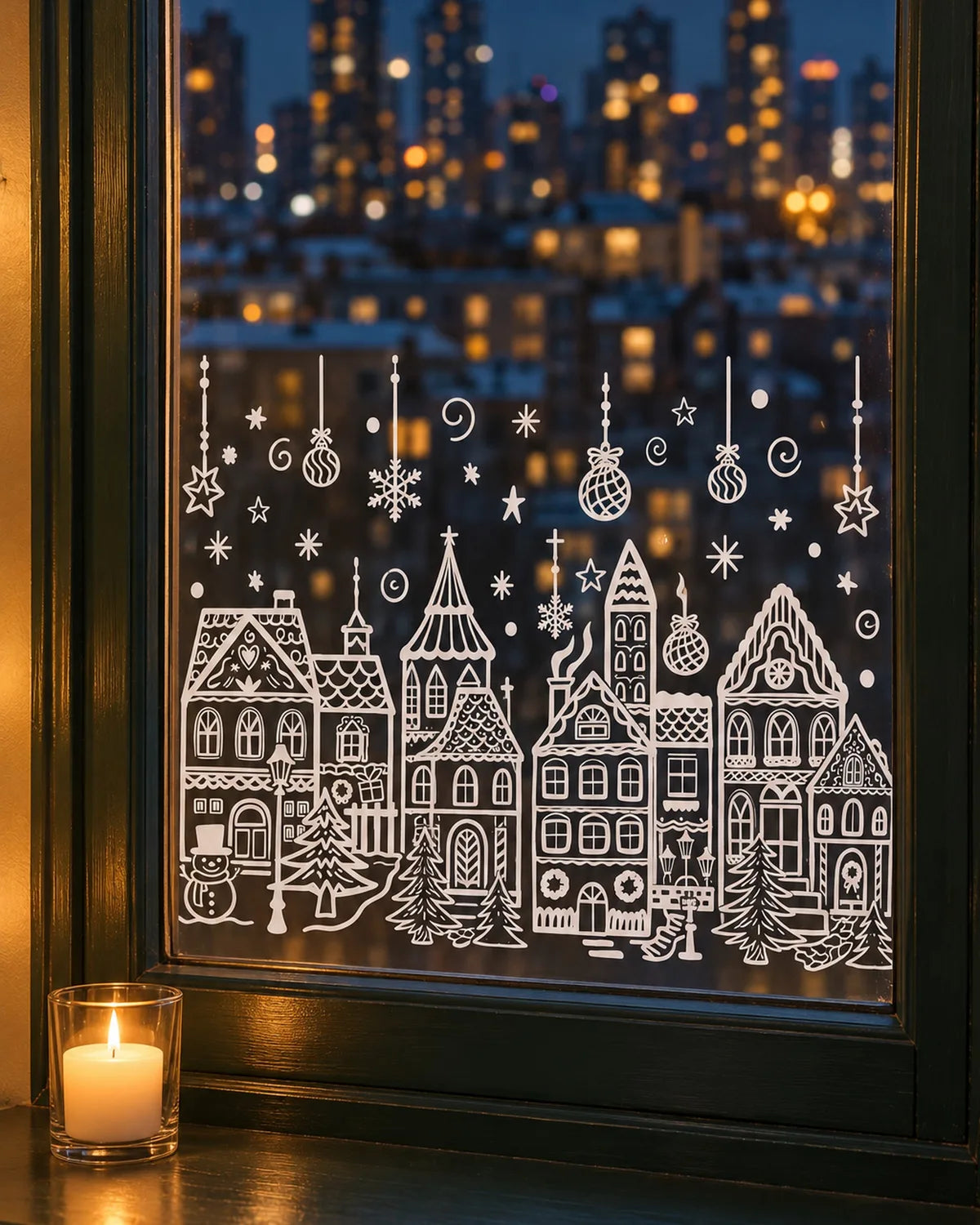 
The finished white village on an apartment window at night, a candle lit on the sill