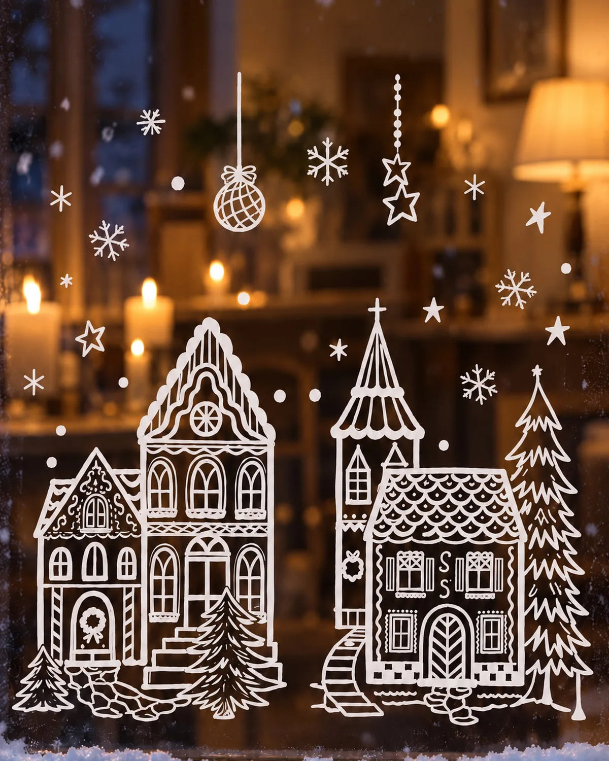 
A snowy blue-hour evening outside a cottage window: white line-art houses and baubles against a candlelit room