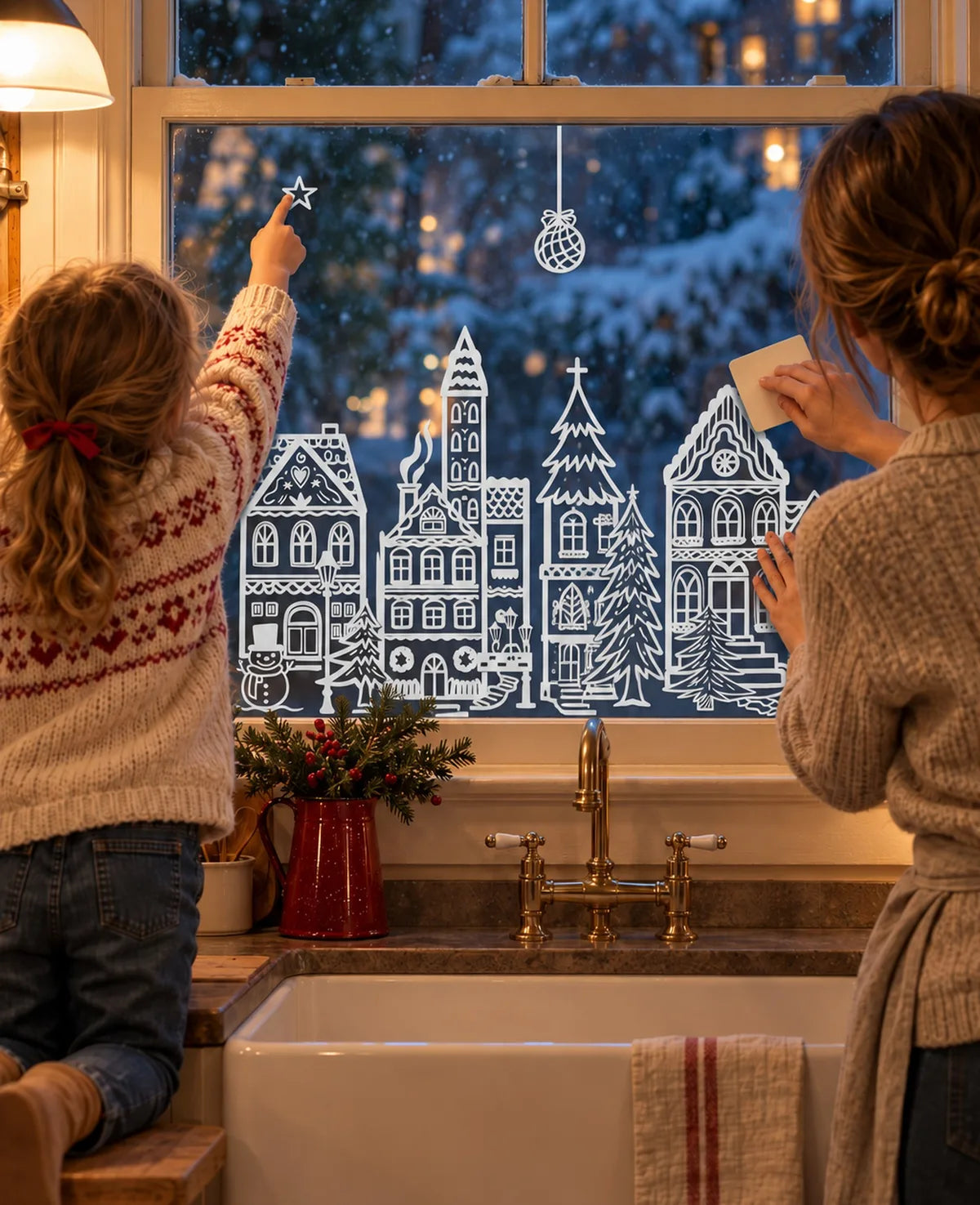 
A parent and child seen from behind putting white line-art houses and stars on a kitchen window