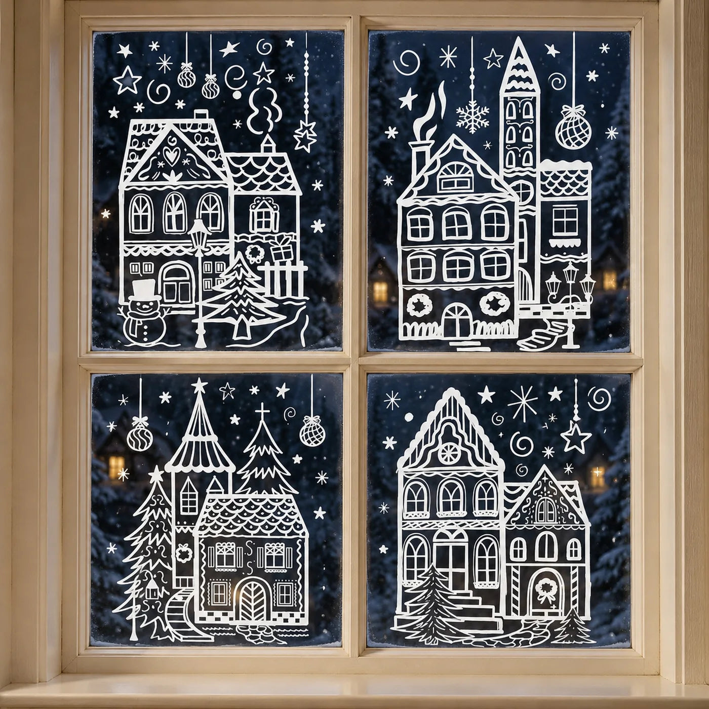 
The Jolly Window set on a small four-pane cottage window at night: four white line-art houses with baubles, stars and snowflakes, one sheet per pane