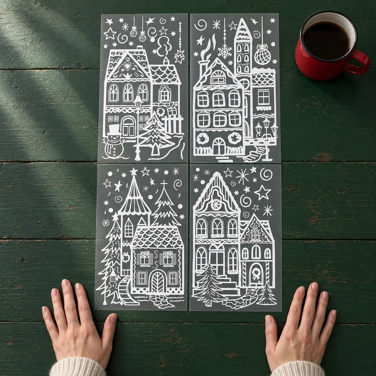 
The four Jolly Window sheets laid 2 x 2 (about 40 x 60-70 cm) beside two adult hands and a mug, for size