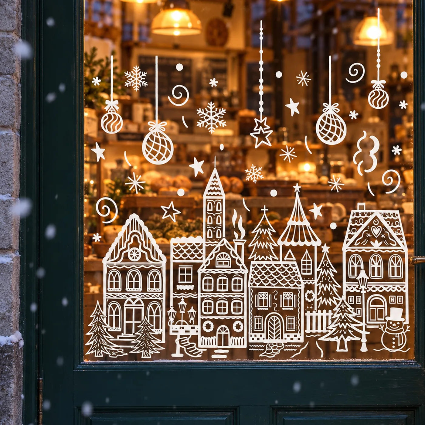 
A bakery's glass door at dusk with the white line-art village across its lower half